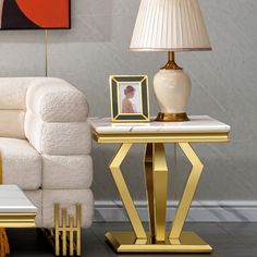 a living room scene with focus on the end table and chair, which is decorated in gold