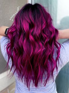 Hair Color Ideas For Round Faces, Wild Orchid Hair Color, Raspberry Balayage, Purple Magenta Hair, Magenta Balayage, Purple Hair Inspiration, Cherry Highlights, Raspberry Hair Color, Vacay Hair