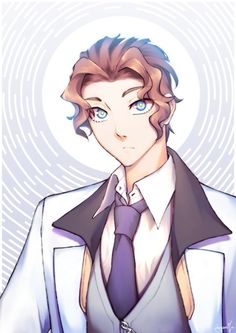 an anime character with blue eyes wearing a suit and tie, standing in front of a white background