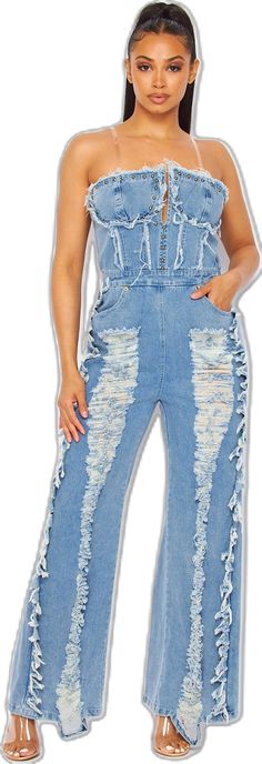 Stretch Denim Overall Jumpsuit, Stretch Denim Blue Overalls, Stretch Overalls With Pockets, Stretch Medium Wash Overalls, Blue Ripped Overalls, Ripped Blue Overalls, Blue Distressed Denim Overall Jumpsuit, Blue Distressed Denim Jumpsuit, Ripped Denim