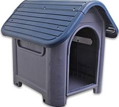 a blue dog house with the door open