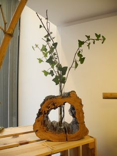 a wooden table topped with a vase filled with green leaves and branches on top of it