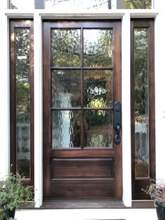 a wooden door with glass panes and potted plants on the front steps outside