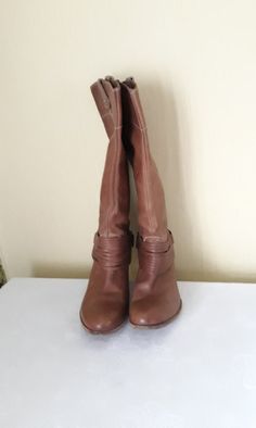 "Vtg cognac brown leather knee slouchy boots. Size EU 40. Italian autumn boho boots. Women`s cowgirl european footwear with stacked heels. Made in Italy. condition: great a little used vintage condition. On the toes are some scratches. Heels height 8 cm / 3.1\" in Outsole length- 29,4 cm / 11.5\" in boots height 43 cm / 16.8\" in boots top circumference 40 cm / 15.6\" in SIZE: EU 40 (labeled size) US 8.5" Vintage Wide Calf Mid-calf Boots For Fall, Wide Calf Brown Mid-calf Boots For Fall, Brown Round Toe Knee-high Boots For Spring, Brown Wide Calf Mid-calf Boots For Fall, Brown Knee-length Boots For Spring, Vintage Wide Calf Knee-high Boots For Fall, Casual Brown Knee-length Boots, Brown Knee-length Heeled Boots For Winter, Vintage Brown Leather Boots With Leather Sole