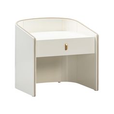 the corner desk is white and has gold hardware on it's top, along with an open drawer for storage