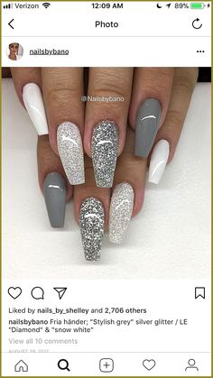 White Glitter Nails, Gray Nails, Homecoming Nails, New Year's Nails, Prom Nails, Glitter Nail Art