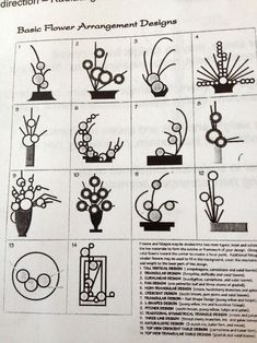 the instructions for making flower arrangements are shown in black and white, as well as pictures of flowers