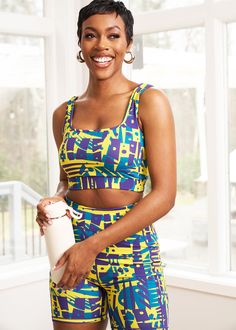 Style #: A2017NTSThe Adamma African Print Sports Bra makes for a stylish take on traditional activewear. The bold printed style can be worn to the gym with our Kimba biker shorts or with a pair of jeans for a night out with friends. Shop all our activewear here. Squared neckline Elastic band with D'IYANU logo on back Medium support Wicking properties 87% nylon/13% spandex​ Designed in the USA, Imported Cold wash. Tumble dry low. Model size: Small | Height 5'11" | Bust 34" | Waist 27" | Hips 38" Squared Neckline, Winter Bags, Printed Sports Bra, Summer Black, Workout Accessories, Biker Shorts, African Print, The Gym, Sweater Jacket