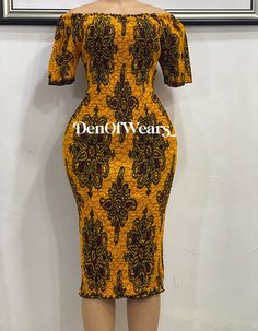 Yellow Ankara Print Smocked Gown. Elastic Gown . African Print - Etsy Fitted Batik Print Dress For Party, Fitted Batik Print Party Dress, Fitted Ankara Fabric Maxi Dress With Short Sleeves, Elegant Fitted Ankara Midi Dress, Traditional Fitted Midi Dress For Party, Elegant Yellow Printed Dress, Fitted Printed Maxi Dress In Ankara Fabric, Knee-length Ankara Fabric Dress, Yellow Batik Print Dresses