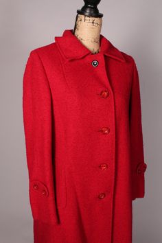 "50s 60s Coat Wonderful vintage 50s 60s red / dark pink coat....beautiful coat with a gorgeous lining! In lovely condition, though there is a black button at the top of the neck that I don't think is original. Beautiful coat, though! Two labels--Jenss and Fashioned by Bromleigh. Bust:40\" Waist:40\" Hips:42\" Length:41\" Sleeve:24\" Shoulder to shoulder:16\" Label: Jenss Fashioned by Bromleigh dry clean only +ILGWU label. 2141" Elegant Red Pea Coat With Buttons, Elegant Red Single Breasted Pea Coat, Elegant Red Single-breasted Pea Coat, Vintage Red Outerwear With Buttons, 60s Coat, Coat Vintage, Pink Coat, Red Dark, Black Button