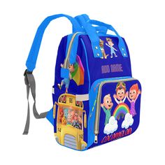 children's school bag with wheels and characters on the front, blue back pack