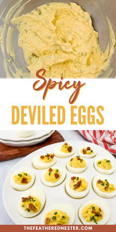 deviled eggs in a bowl with the words spicy deviled eggs on top and an image