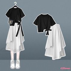 Qteee - Chic Round Collar Lace-Up Crop T-Shirt with Bowknot and Irregular Skirt Casual Short Sleeve Fake Two-piece Top, Casual Short Sleeve Top With Fake Two-piece Design, Fringe Shirt, Irregular Skirt, Color Combos Outfit, Trendy Outfits For Teens, Everyday Fashion Outfits, Tokyo Disneyland, Fantasy Gowns