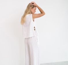 AVERY Side Tie Linen Top / Linen Sleeveless Top / Linen Tank | Etsy Minimal Clothes, Linen Culottes, White Linen Trousers, Linen Sleeveless Top, Wide Leg Linen Trousers, Linen Dress Summer, Sleeveless Linen Dress, Apron Sewing Pattern, Trousers White