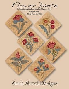 four square coasters with flowers on them and the words flower dance written in red