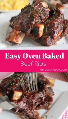 easy oven baked beef ribs on a white plate