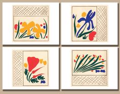 four paintings with flowers and plants on them