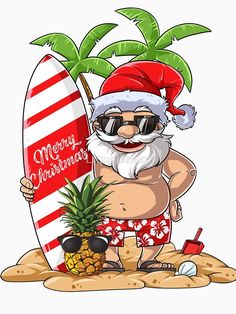 a cartoon santa clause holding a surfboard and pineapple on the beach with palm trees