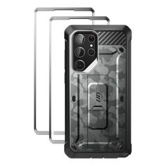 the back and sides of an iphone 11 pro case in camo with clear screen protectors