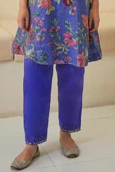 Purple kurta with all over floral blossom prints and placement hand embroidery detailing. Paired with a pant and magenta silk hand embroidered dupatta. - Aza Fashions Traditional Bottoms With Printed Motifs For Eid, Traditional Floral Print Festive Pants, Traditional Spring Pants With Printed Motifs, Summer Festive Floral Print Pants, Spring Festive Pants With Printed Motifs, Cotton Floral Print Sets With Straight Pants, Cotton Sets With Floral Print Straight Pants, Floral Print Cotton Sets With Straight Pants, Floral Print Bottoms For Festive Spring Occasion