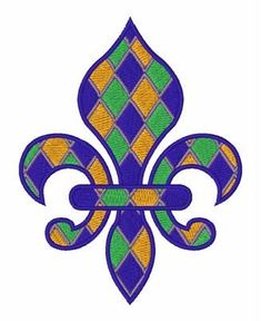 a purple and green fleur de lis with diamond pattern on it's side