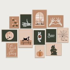 a collection of halloween greeting cards with pumpkins, bats, cats and other decorations