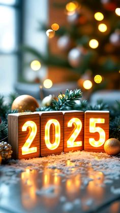 a wooden block with the number 2055 lit up in front of a christmas tree