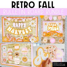 the retro fall bulletin board bundle is shown in pink and orange with flowers on it