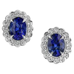 Platinum earrings, featuring 3.09 cts of GIA certified Ceylon sapphires highlighted by round diamonds totaling 0.54 cts. Platinum Earrings, Ceylon Sapphire, Jewelry Earrings Studs, Blue Sapphire, Round Diamonds, Platinum, Sapphire, Jewelry Earrings, Diamonds