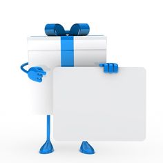 a blue and white gift box holding a blank sign with two hands on both sides