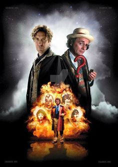 two men standing next to each other in front of a poster for doctor who is on fire