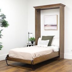 a bed sitting in the middle of a room next to a potted plant on top of a hard wood floor