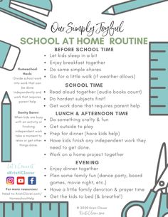 a poster with scissors, pencils and other things to do in the school at home routine