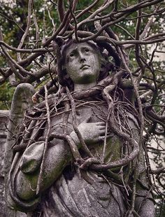 an angel statue covered in vines and branches