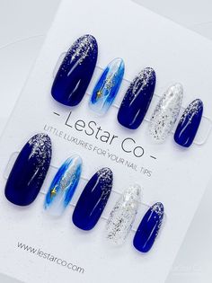 FREE SHIPPING FOR ORDERS OVER $50 WORLDWIDE   LeStar Co. press-on nails is reusable and easy to use, give yourself a perfect, non-damaging manicure in seconds for a fraction of the salon cost. Wear them for weeks straight or a few days at a time as you like. KEY FEATURES: - Handmade - Flexible and lightweight for comfortable wear - Easy to apply and remove - Long-lasting - Multiple wears - Waterproof PACKAGE INCLUDES: a full set of press on nails (10 nails) 24 adhesive tabs (1 sheet) 1 cuticle w Blue Stiletto Nails, Blue And Silver Nails, Blue And White Nails, Damaged Nails, Nails Gel, Silver Nails, The Salon, Artificial Nails