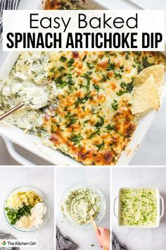 Collage showing steps to make spinach artichoke dip: baked dip with tortilla chips, a bowl with ingredients like cheese and mayonnaise, mixing ingredients, and preparing the dip in a baking dish. Text overlay reads Easy Baked Spinach Artichoke Dip. Hot Spinach Artichoke Dip, Baked Spinach Artichoke Dip, Baked Spinach, Cheesy Spinach, Artichoke Dip Recipe, Crowd Pleasing Appetizers, Easy Dips, Spinach Artichoke Dip