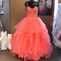 Full Ball Gown For Prom Or Quinceaera. Peach, Lines Of Matching Beads On Bodice. Ball Gown For Prom, Gown For Prom, Mori Lee, Prom Colors, Quinceanera, Ball Gown, Prom Dress, Pink And Orange, Ball Gowns