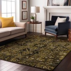 a living room filled with furniture and a rug on top of a hard wood floor