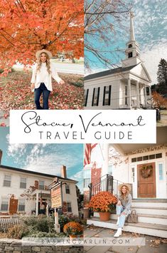 a woman standing in front of a white church with fall foliage and an orange tree