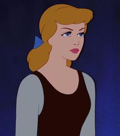 an animated image of a woman with blonde hair and blue eyes wearing a black dress