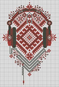 a cross stitch pattern with headphones and snowflakes on the side, in red