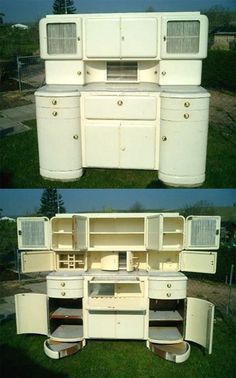 two pictures of an old white kitchen cabinet