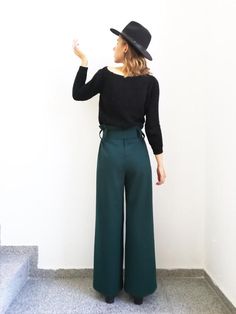 PLEASE PROVIDE A PHONE NUMBER IN THE NOTE TO BUYER SECTION!(express shipping courier service recommendation for proper delivery)Totally MUST-HAVE high waist wide pants in petrol green color.Elegant and comfortable high waist pants with clean lines made of high quality punto milano.Perfect pants for the long office days and for nights out.This amazing maxi pants for women  adding elegant and fashion touch in your everyday life.*The model wears pants in Small size, height 5'8'' / 173 cmXS / S / M Green High-waisted Wide Leg Pants For Fall, Loosely Fitted Green Wide Leg Pants For Fall, High Waist Green Wide Leg Pants For Fall, Green Ankle-length Pants With Belt Loops, Green Wide Leg Work Pants, Green High-waisted Wide Leg Pants, High Waist Green Dress Pants For Fall, High-waist Green Dress Pants For Fall, Green High-waist Dress Pants For Fall