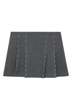 Glossy studs add on-trend edgy energy to this preppy cotton-blend skirt cast with crisp pleats and cut to a leggy length. 73% cotton, 22% polyester, 5% elastane Machine wash, line dry Imported Mango Skirts, Fringed Belt, Chain Strap Bag, Floral Shoes, Maternity Shops, Designer Clothes For Men, Gray Skirt, Autumn Fashion Women, Sweater And Shorts