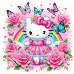 a hello kitty with pink roses and butterflies on it's head, standing in front of a rainbow