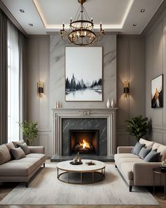 a living room with two couches and a fire place in the middle of it