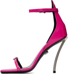 Polished calfskin heeled sandals in pink. · Open square toe · Pin-buckle strap at vamp and ankle · Logo stamp at padded lambskin footbed · Metal stiletto heel with rubber injection · Calfskin sole · Logo-engraved silver-tone hardware · Heel: H4.25 in Supplier color: Hot pink/Pall Versace Pink, Pink Pin, Versace Outfit, Pointed Heels, Silver Engraving, Logo Stamp, Heeled Sandals, Stiletto Heel, Luxury Streetwear