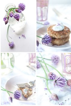 three pictures of food and flowers on a plate with forks, spoons and napkins