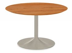 a round wooden table sitting on top of a metal base