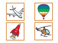 four pictures with different types of objects in them, including an airplane and a helicopter